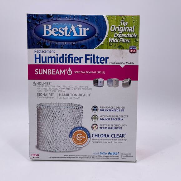 BestAir Humidifier Filter H64 Sunbeam Bionaire Hamilton Beach Chlora-Clear NEW - Picture 1 of 7